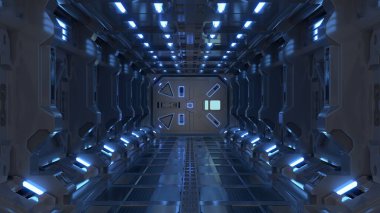 Bilim kurgu iç mimarisi bilim-kurgu uzay gemisi koridorları mavi ışık, 3D görüntüleme