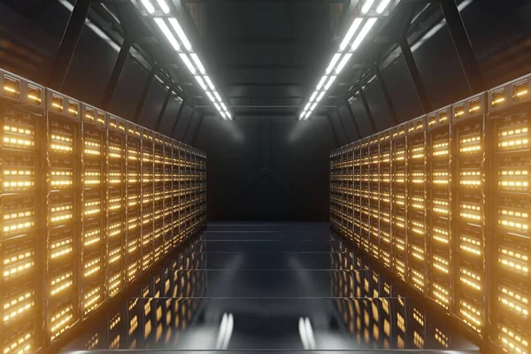 Dark Server Room Rete Con Luci Gialle Rendering — Foto Stock