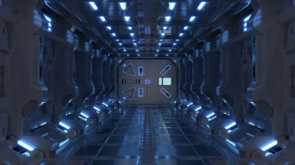 Science Background Fiction Interior Rendering Sci Spaceship Corridors Blue Light — Stock Photo, Image