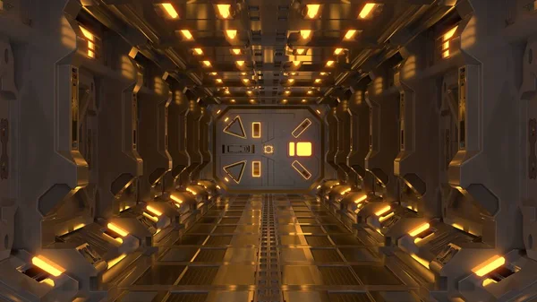 Επιστημονική Φαντασία Εσωτερικό Απόδοση Sci Διαδρόμους Διαστημόπλοιο Κίτρινο Φως Απόδοση — Φωτογραφία Αρχείου