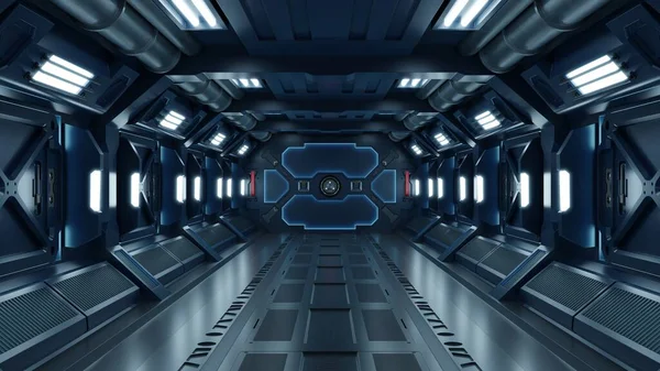Science Background Fiction Interior Room Sci Spaceship Korytarze Niebieski Renderowanie — Zdjęcie stockowe
