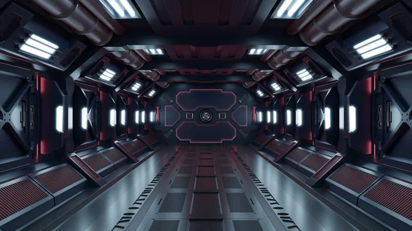 Science Background Fiction Interior Renderowanie Sci Korytarze Kosmiczne Czerwone Światło — Zdjęcie stockowe