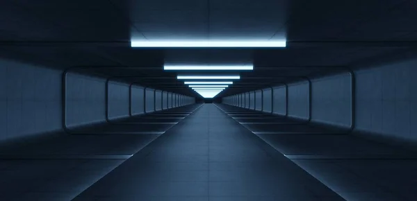 Futuristic Sci Blue Neon Tube Lights Glowing Concrete Room Rendering — Stock Photo, Image
