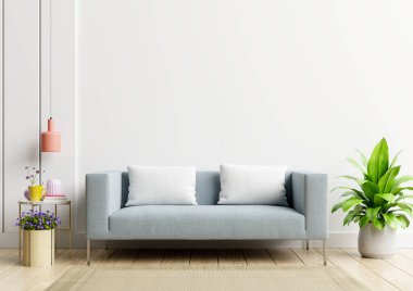 Parlak ve rahat modern oturma odasının iç tarafında, arka plan 3D işlemeli kanepe ve lamba var.