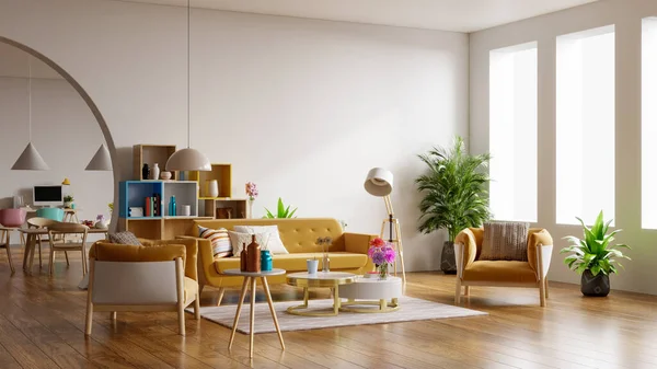 Yellow Sofa and Yellow Armchair in spacious living room interior with plants and shelves near wooden table.3D rendering