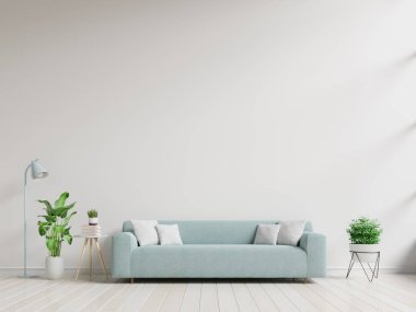 Boş oturma odası, mavi kanepe, bitkiler ve boş beyaz duvar arka planında masa. 3B görüntüleme
