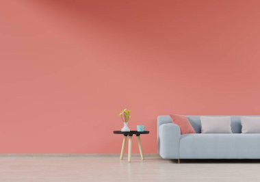 Kanepe ve yeşil bitkilerle modern oturma odası. Yaşayan mercan rengi duvar arkaplanlı masa. 3D işlemeli.