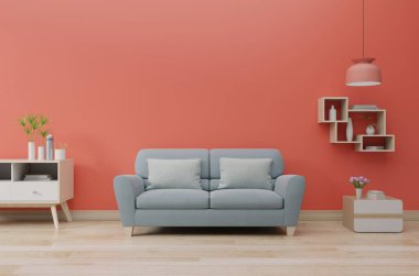 Kanepe ve yeşil bitkilerle modern oturma odası, lamba, 20.19.3d canlı mercan renginde masa