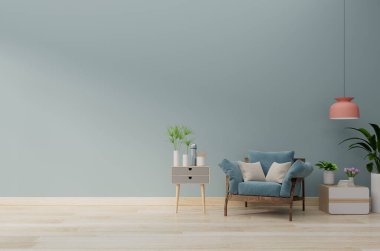 Mavi koltuklu modern oturma odası ahşap döşemede dolap ve ahşap raflar var ve mavi duvar, 3D