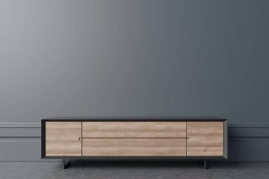 Modern boş odada kabine modeli, karanlık duvar, üç boyutlu görüntüleme.