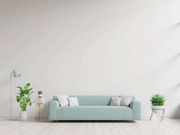 Prázdný Obývací Pokoj Modrou Pohovkou Rostliny Stůl Prázdném Bílém Pozadí — Stock fotografie