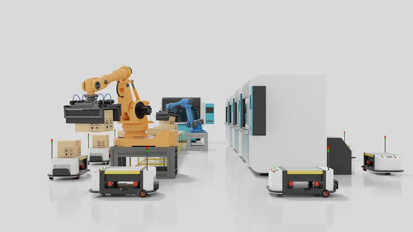 自動ガイド付き車両とロボットアーム 3Dレンダリングによる工場オートメーション — ストック写真