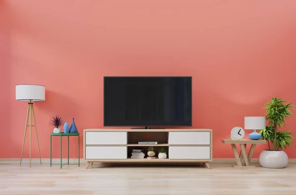 Modern odada canlı mercan rengi arka plan dekorasyonlu televizyon, 3D görüntüleme