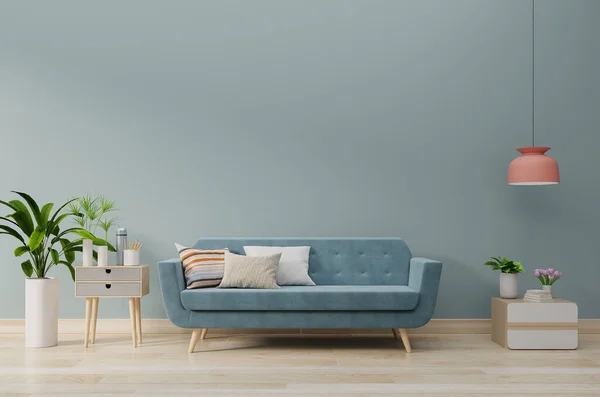 Kanepe ve yeşil bitkilerle dolu modern bir oturma odası, mavi duvarlı bir masa. 3d oluşturma
