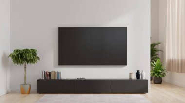 Oturma odasındaki beyaz duvardaki akıllı televizyon, asgari tasarım, 3D görüntüleme