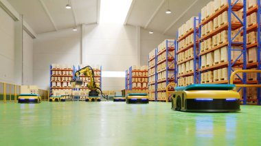Taşımacılıkta AGV ve robotik kollu fabrika otomasyonu 3D güvenli bir şekilde hazırlanarak ulaşımı arttırmak için