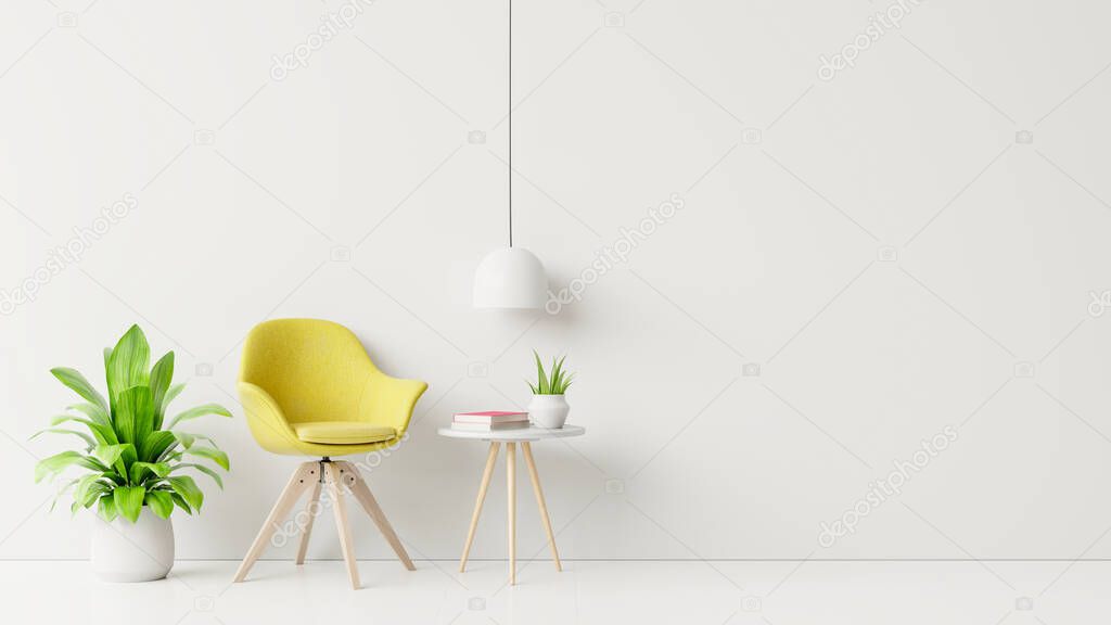 Living room with wooden table, lamps and yellow armchair, 3d rendering