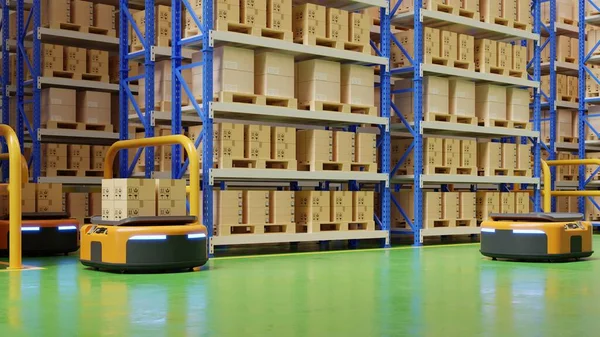 Interior of warehouse in logistic center with Automated guided vehicle Is a delivery vehicle.3D Rendering