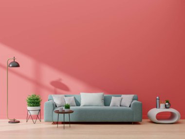 Kanepe ve yeşil bitkilerle modern oturma odası, lamba, canlı mercan rengi duvar zeminli masa, 3D görüntüleme