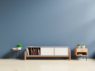 Modern boş odada televizyon dolabı, minimal tasarımlar, 3D görüntüleme