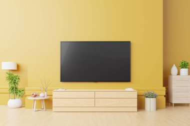 Akıllı TV Mockup modern oturma odasında lamba, masa, çiçek ve bitki ile sarı arka planda, 3D görüntüleme