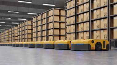 Otomatik güdümlü araçla lojistik merkezindeki depo 3D dağıtım aracı.