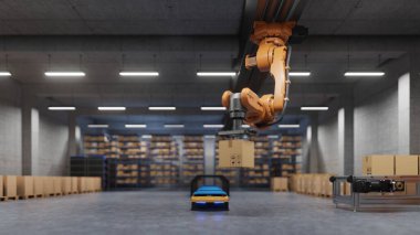 Otomatik güdümlü araç (AGV), 3D görüntüleme kullanılarak lojistik sistemlerinin üretilmesi ve sürdürülmesi için robotik kol