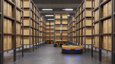 Otomatik güdümlü araçla lojistik merkezindeki depo 3D dağıtım aracı.