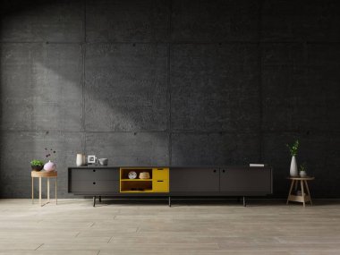 Modern boş odada televizyon dolabı, beton duvar, üç boyutlu görüntüleme.