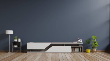 Kabine TV boş iç odada, ahşap raflı karanlık duvar, lamba, bitkiler ve masa ahşabı, 3D görüntüleme