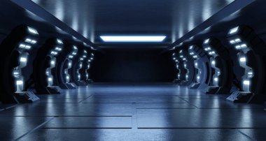 Boş açık mavi stüdyo odası fütüristik bilim kurgu salonu. Işıklar mavi, tasarım için gelecek arkaplan, 3D görüntüleme.