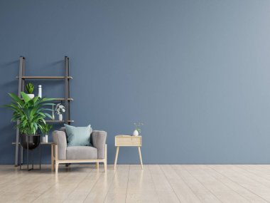 İç tarafında boş mavi duvar zemininde bir koltuk var, 3 boyutlu.