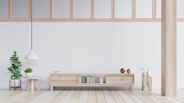 Oturma odasında, beyaz duvarlarda, 3 boyutlu görüntülerde televizyon için dolaplar ve duvarlar.