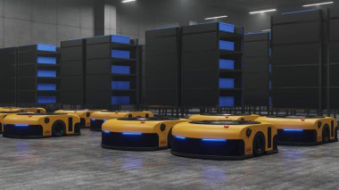 Otomatik güdümlü araçla lojistik merkezindeki depo 3D dağıtım aracı.