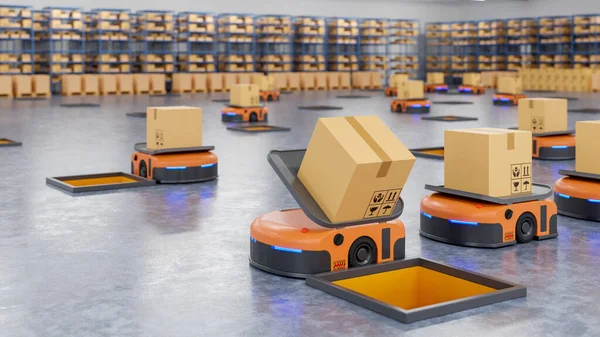 1時間に数百個の小包を効率よく選別するロボット軍 無人搬送車 Agv 3Dレンダリング — ストック写真