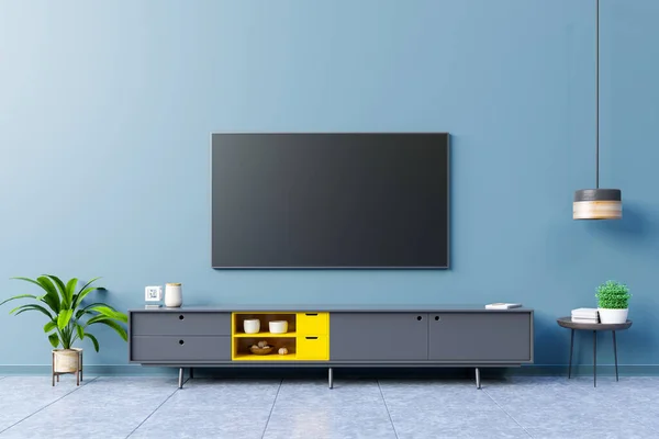 Oturma odasındaki karanlık duvarda LED TV, minimal tasarım, 3D görüntüleme