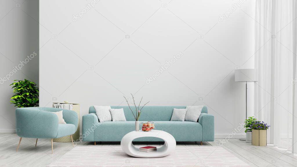 Bright and cozy modern living room interior have sofa and lamp with white wall background,3D rendering