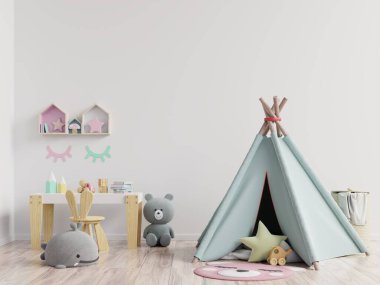 Çocuk odası, çocuk odası, çocuk odası, bebek odası modeli, beyaz duvar, 3 boyutlu tasarım.