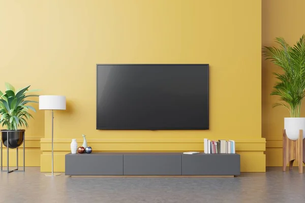 Fernseher Auf Schrank Modernen Wohnzimmer Mit Lampe Tisch Blume Und — Stockfoto