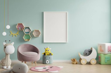 Çocuk odasında poster çerçevesi, çocuk odası, kreş modeli, yeşil duvar, 3D çizim.