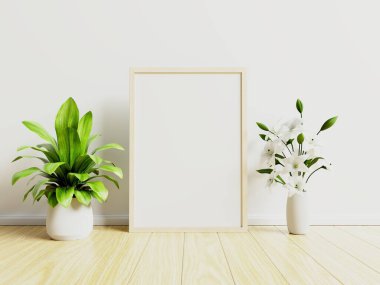 İç posterde saksı, odada çiçek ve beyaz duvarlar var. 3B görüntüleme