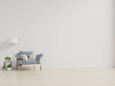 Pastel renkli boş duvar modern iç mekan, beyaz duvarda koltuk, 3D görüntüleme.