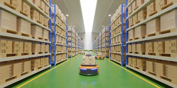 Interieur Van Magazijn Logistiek Centrum Met Geautomatiseerde Geleide Voertuig Een — Stockfoto