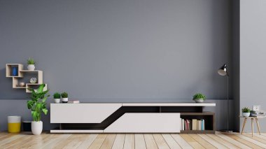 Kabine TV boş iç odada, ahşap raflı karanlık duvar, lamba, bitkiler ve masa ahşabı, 3D görüntüleme