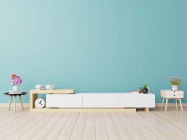 Televizyon dolapları bir odada, mavi duvarlar, 3D görüntüleme