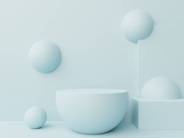 Ürünleri yerleştirmek ve ödülleri mavi arkaplanlı, 3D görüntüleme için soyut podyumu oluşturun