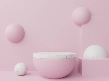 Ürünleri yerleştirmek ve ödülleri pembe arka planda yerleştirmek için soyut podyum oluşturun, 3D görüntüleme