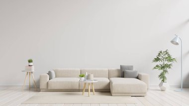 Kanepe, yeşil bitkiler, lamba ve beyaz arka planda masa olan modern oturma odası. 3d oluşturma