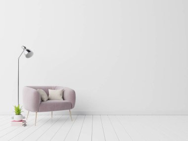 İçi kadife koltuklu boş beyaz duvar arkaplanı, 3 boyutlu görüntüleme