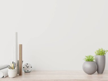 Yaratıcı masası olan modern işyerlerinde bitkiler beyaz duvarlı, 3D işlemeli.